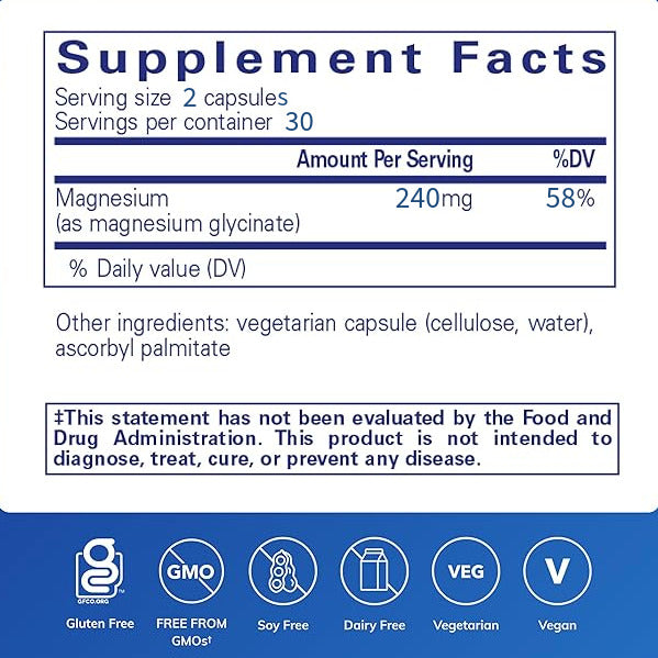 MAGNESIUM GLYCINATE: Supports Stress Relief, Nerves, Sleep, Heart, Muscles, and Metabolism