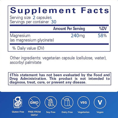 MAGNESIUM GLYCINATE: Supports Stress Relief, Nerves, Sleep, Heart, Muscles, and Metabolism
