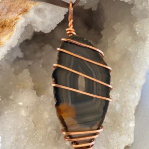 Brazil: SMOKED CHARCOAL NATURAL AGATE SLAB (On Leather Neckstrap)