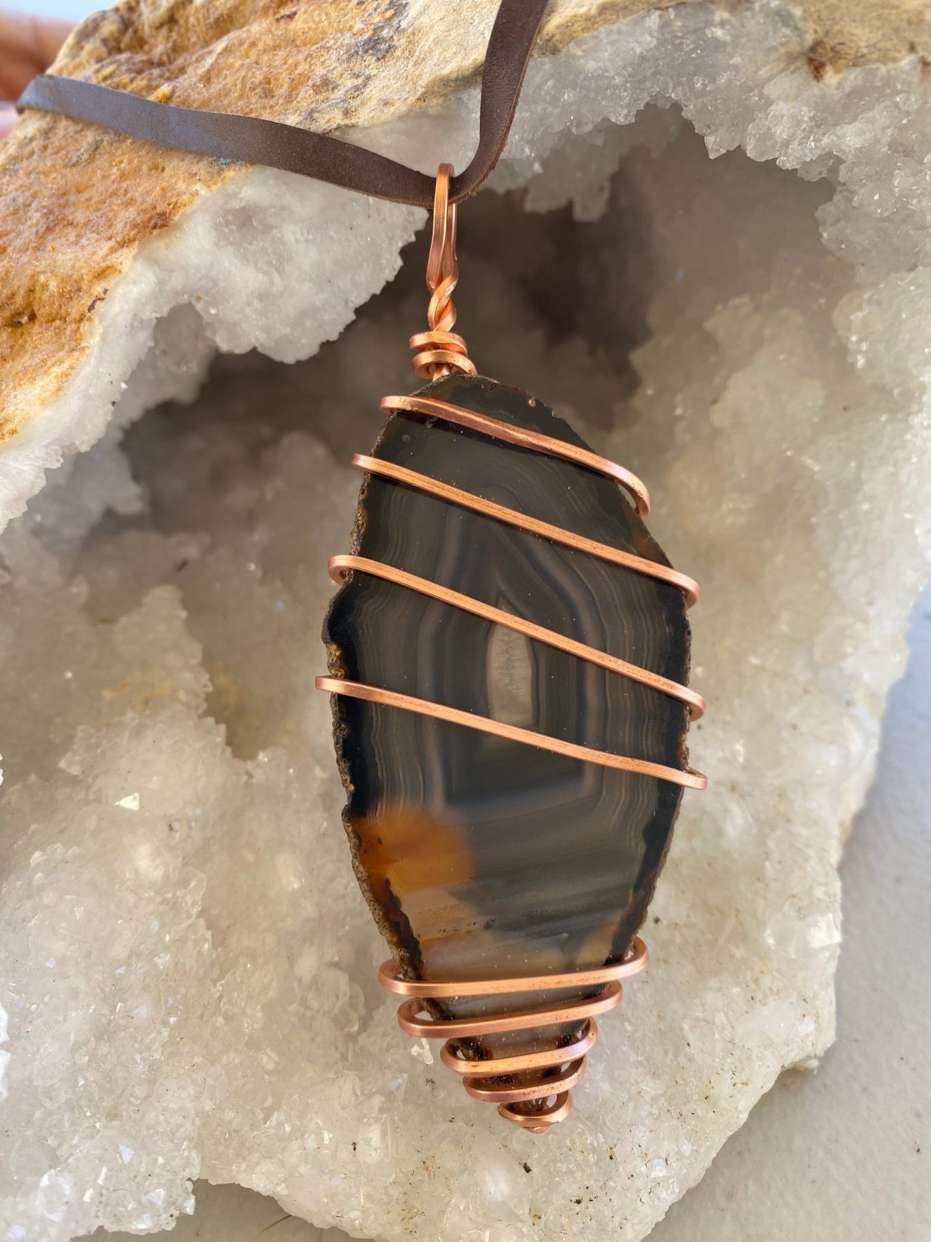 Brazil: SMOKED CHARCOAL NATURAL AGATE SLAB (On Leather Neckstrap)