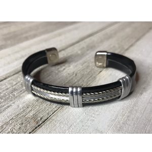 Faux Leather Copper Cuff 'Silvertone Double Scroll' Design (Magnetic)