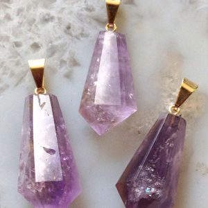 FACETED AMETHYST POINT PENDANT W GOLD PLATED BAIL (on Leather Neckstrap)