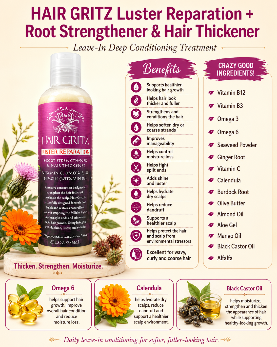 Hair Gritz Luster Reparation + Root Strengthener & Hair Thickener - 8oz. - Image 2