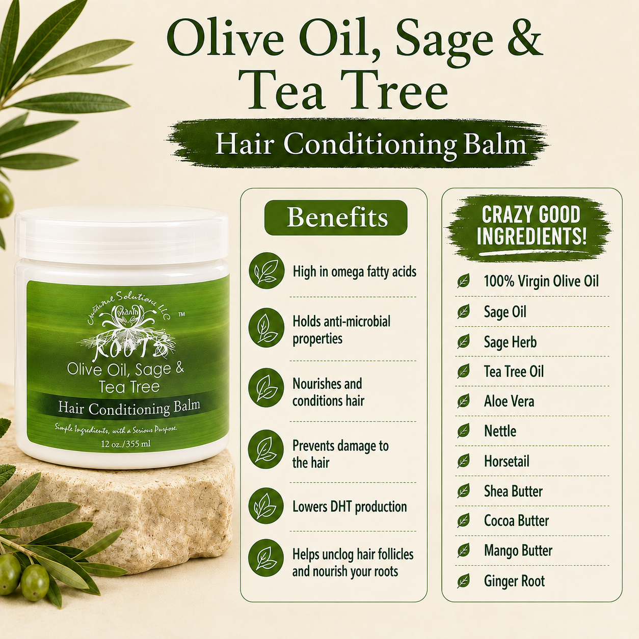 ANTI-BREAKAGE HAIR BUTTER w/ Olive Oil, Sage & Tea Tree - 12oz. - Image 2