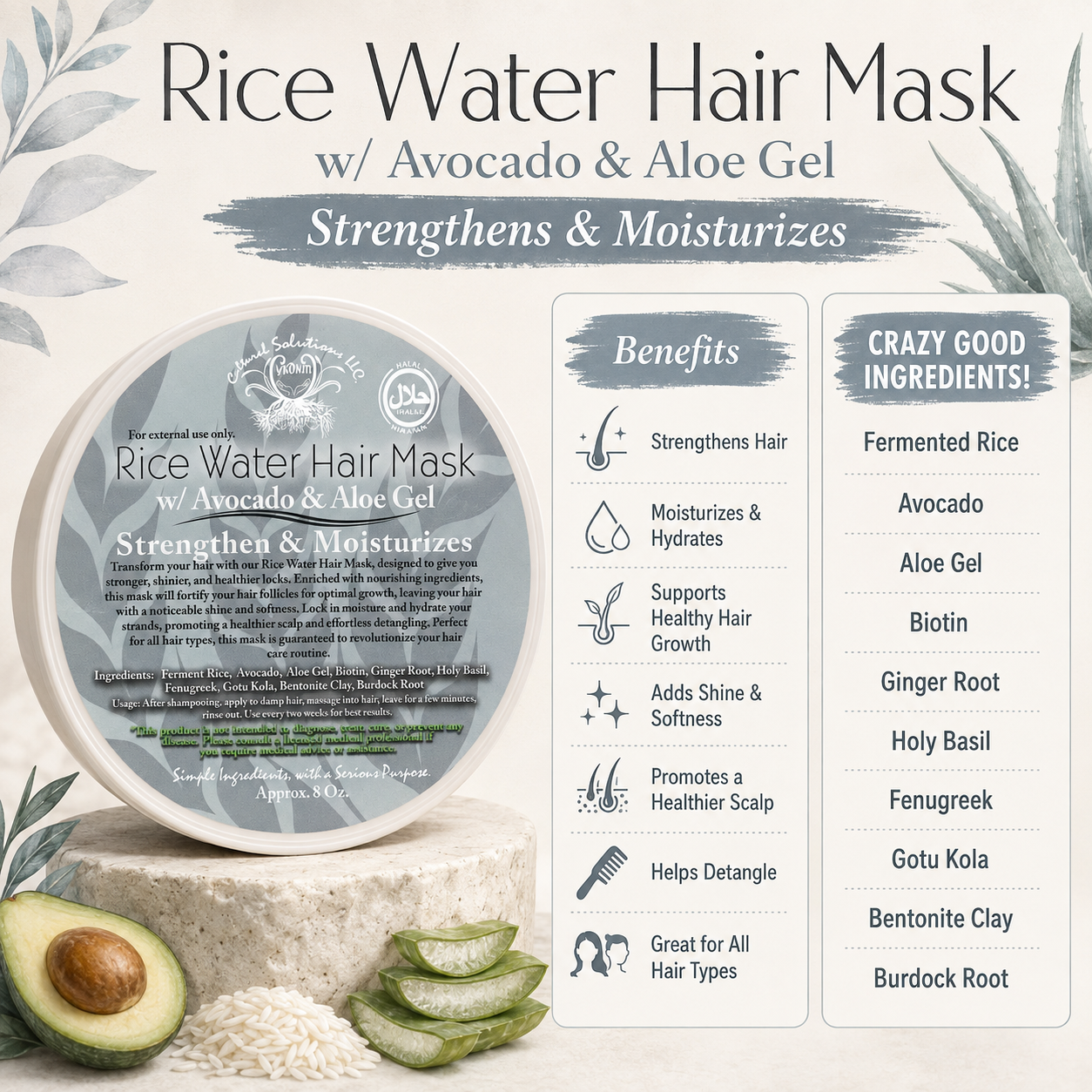 RICE WATER HAIR MASK w/ Avocado & Aloe - 8oz - Image 2