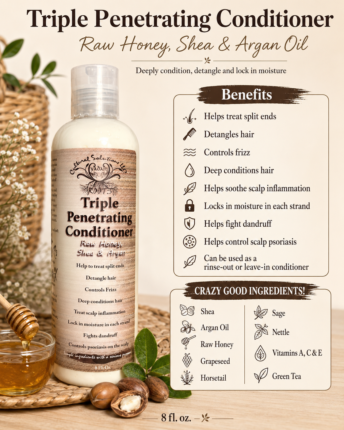 TRIPLE PENETRATING CONDITIONER w/ Raw Honey, Shea & Argan Oil - 8oz. (Great as a Leave-In!) - Image 2