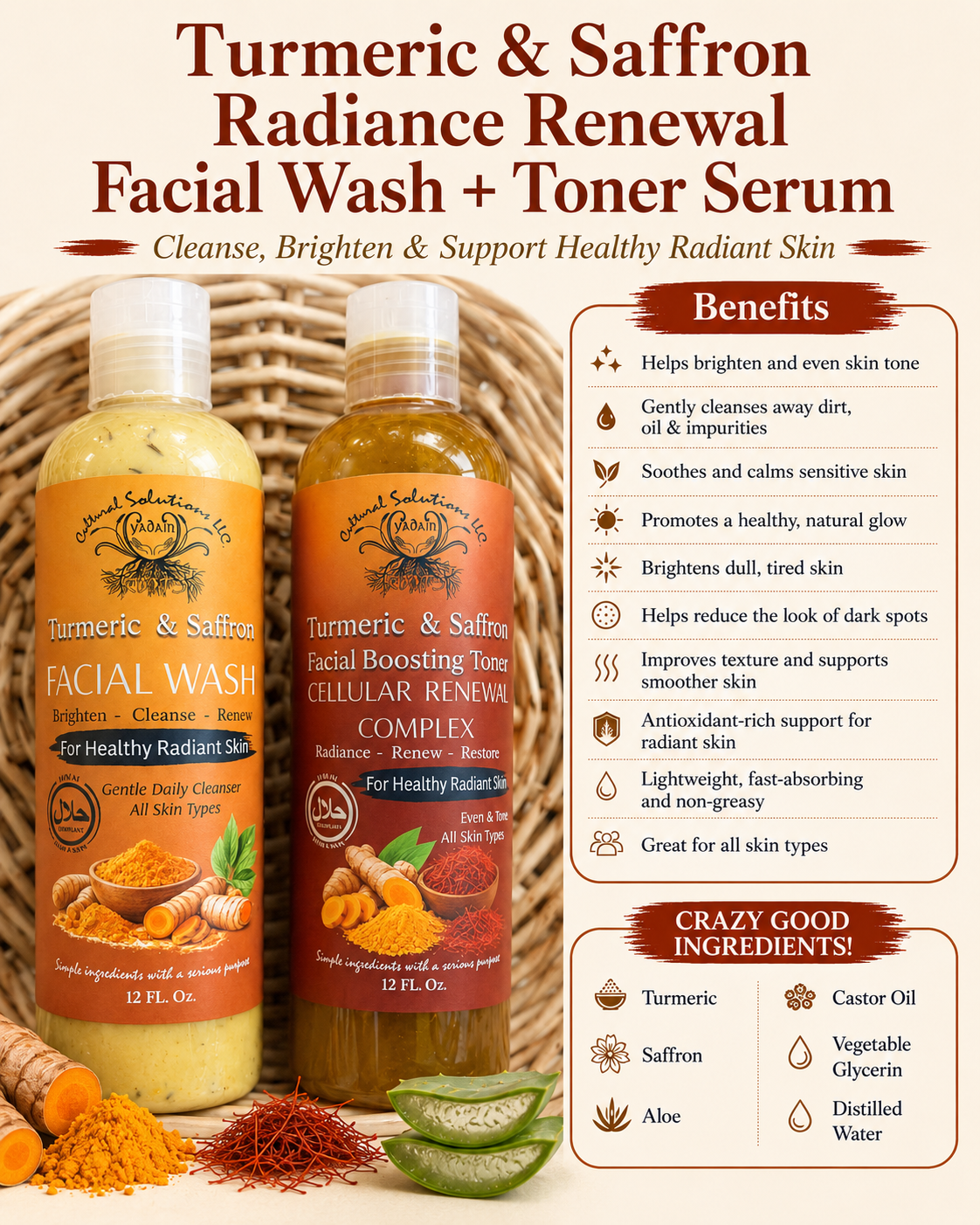 TURMERIC & SAFFRON RADIANCE RENEWAL FACIAL WASH + TONER SERUM DUO (Large 12oz Bottles) - Image 2